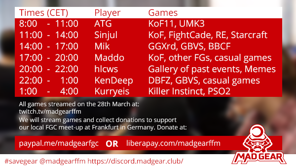 MadGearFFM's tweet photo. Diesen Sonntag 28.3.2020 gibts einen 24 Stunden Stream-Marathon auf https://t.co/RTVltctJNE mit @ATG213 @NFBSinJul @m1kr0s @maddo88888 @hlcws @kendeep_fgc und @Kurryeis
Einschalten und bitte teilen!
Spenden gerne an: https://t.co/Ko0YbvNQwC
#savegear #madgearffm #fgc https://t.co/egKAowY4cR