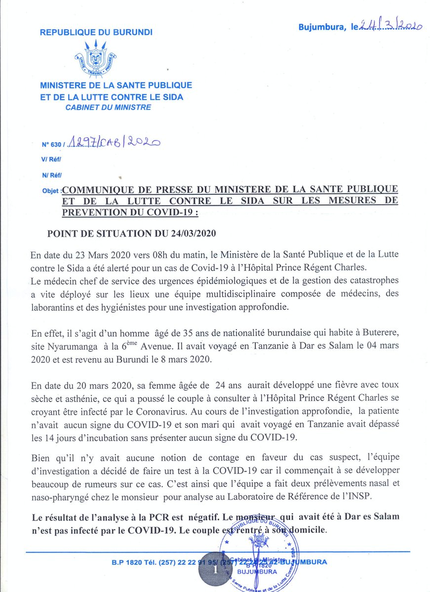  Le  @mspls_bdi notifie l'opinion publique sur un cas suspecté de  #COVIDー19 à l’Hôpital Prince Régent Charles: les tests "menés au laboratoire de référence de l' @insp_burundi, pour couper court aux rumeurs, sont négatifs. Pas de cas de  #coronavirus au  #Burundi"