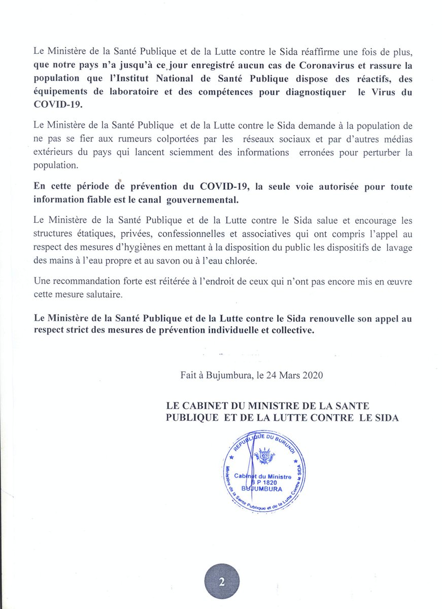  Le  @mspls_bdi notifie l'opinion publique sur un cas suspecté de  #COVIDー19 à l’Hôpital Prince Régent Charles: les tests "menés au laboratoire de référence de l' @insp_burundi, pour couper court aux rumeurs, sont négatifs. Pas de cas de  #coronavirus au  #Burundi"