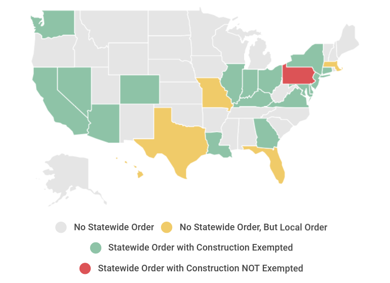 Many states are in various stages of #CoronavirusLockdown with orders to close non-essential businesses. But most have deemed construction, including home building, essential. An NAHB map shows where home builders and contractors may continue working: ow.ly/nScM50yUFht