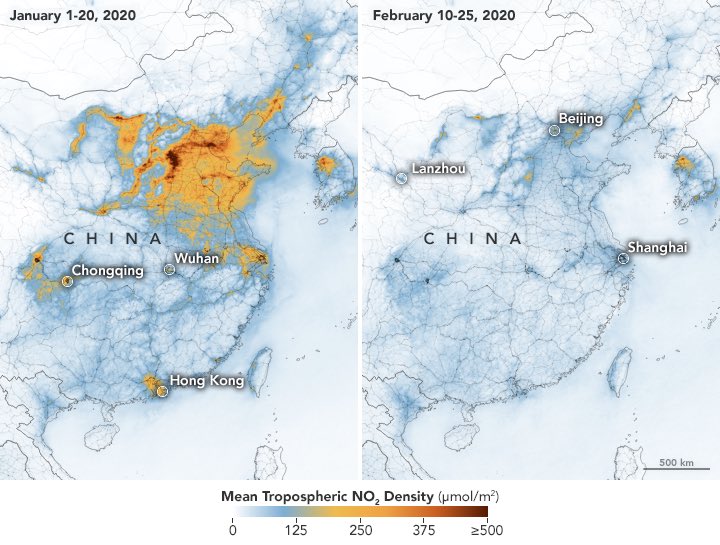 NASA images, from February 28th, show a measurable decrease in airborne nitrogen dioxide over China. This has since increased again as reported last week.

📸 <a href="/NASAEarth/">NASA Earth</a>
