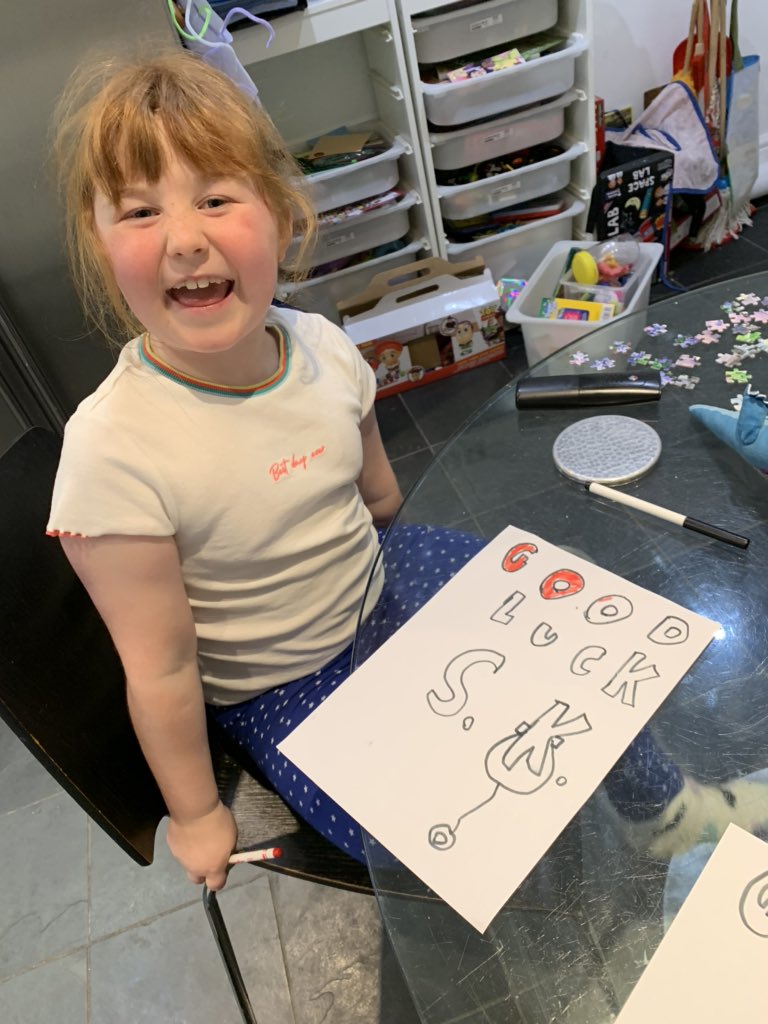 DuncPowell25's tweet photo. Bit of a heart whelming one this...so Belle drew a rainbow &amp; a sign to the NHS a few days ago &amp; blu-tacked them to the window. They’d been up a few days, when someone just posted this letter through the door...and Belle’s now on her reply. (SK of Pontcanna, Cardiff - good luck) https://t.co/CafTVWbeSv