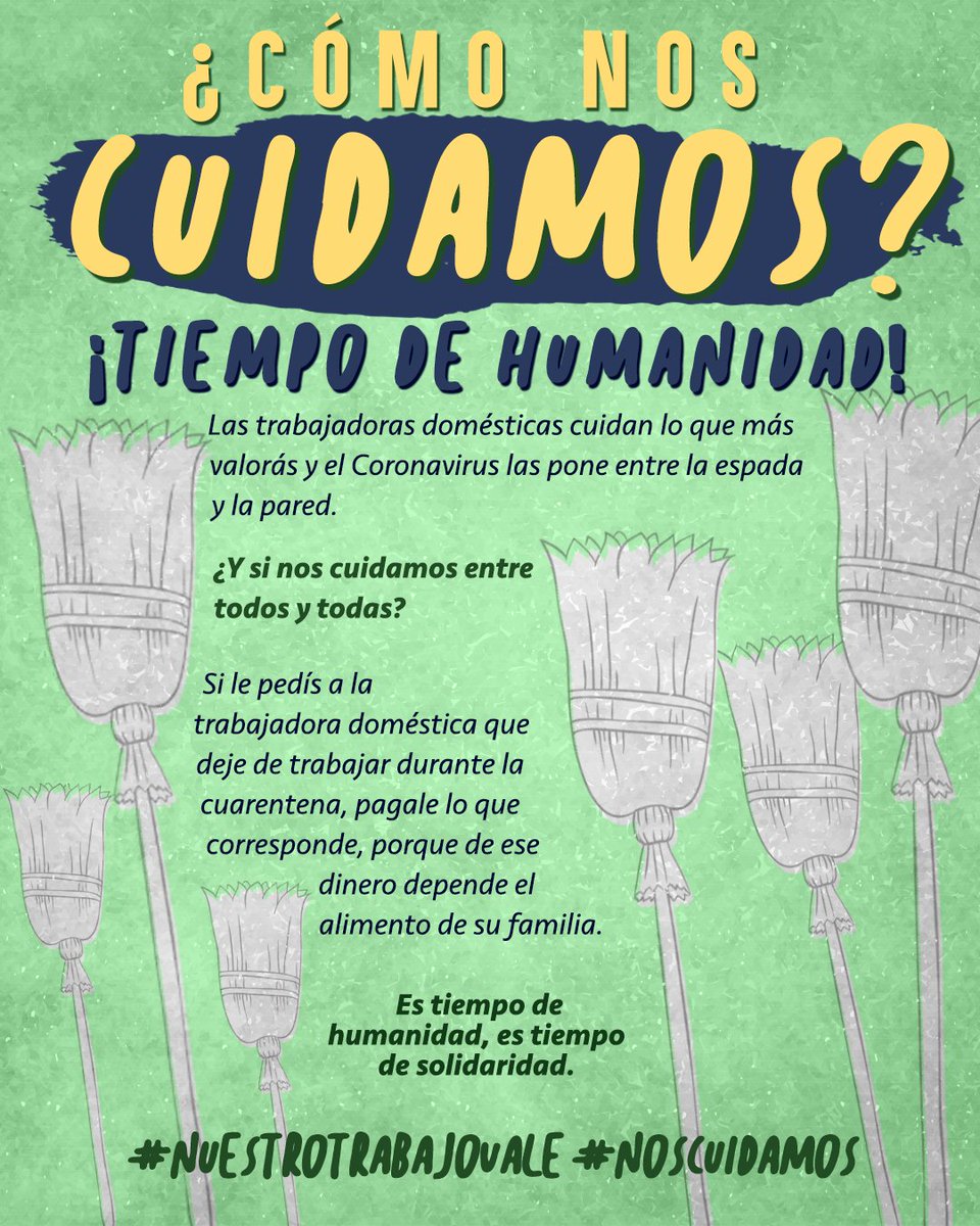 TrabDomesticoPy's tweet photo. ¿Cómo nos cuidamos? Las trabajadoras domésticas cuidan lo que más valorás y el #Covid19Py las pone entre la espada y la pared. #NuestroTrabajoVale #NosCuidamos https://t.co/9GeA0kpFBe