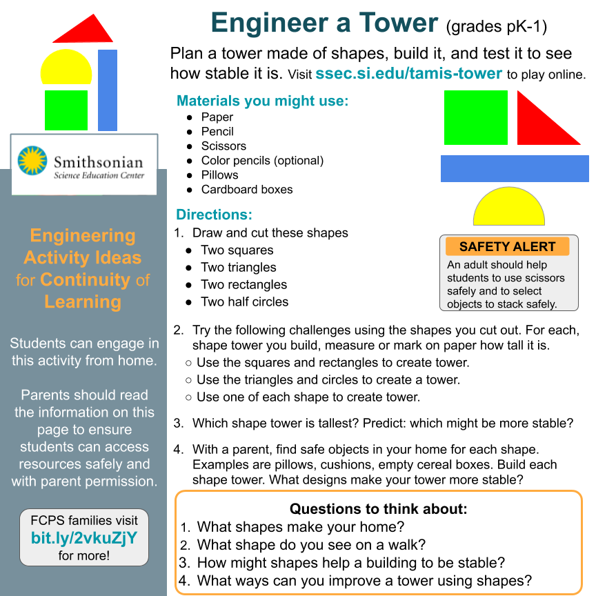 FCPSSTEAM's tweet photo. Explore how shapes can relate to engineering. Try a tower building activity and the @Smithsonianscie K-8 games https://t.co/LoagTQaVY7 that inspired this activity. Tag @FCPSSTEAM to share your designs. @prc_fcps @fcpsnews @childsci FCPS families visit https://t.co/lOZWKx5L7D https://t.co/7X0iHJRpUs