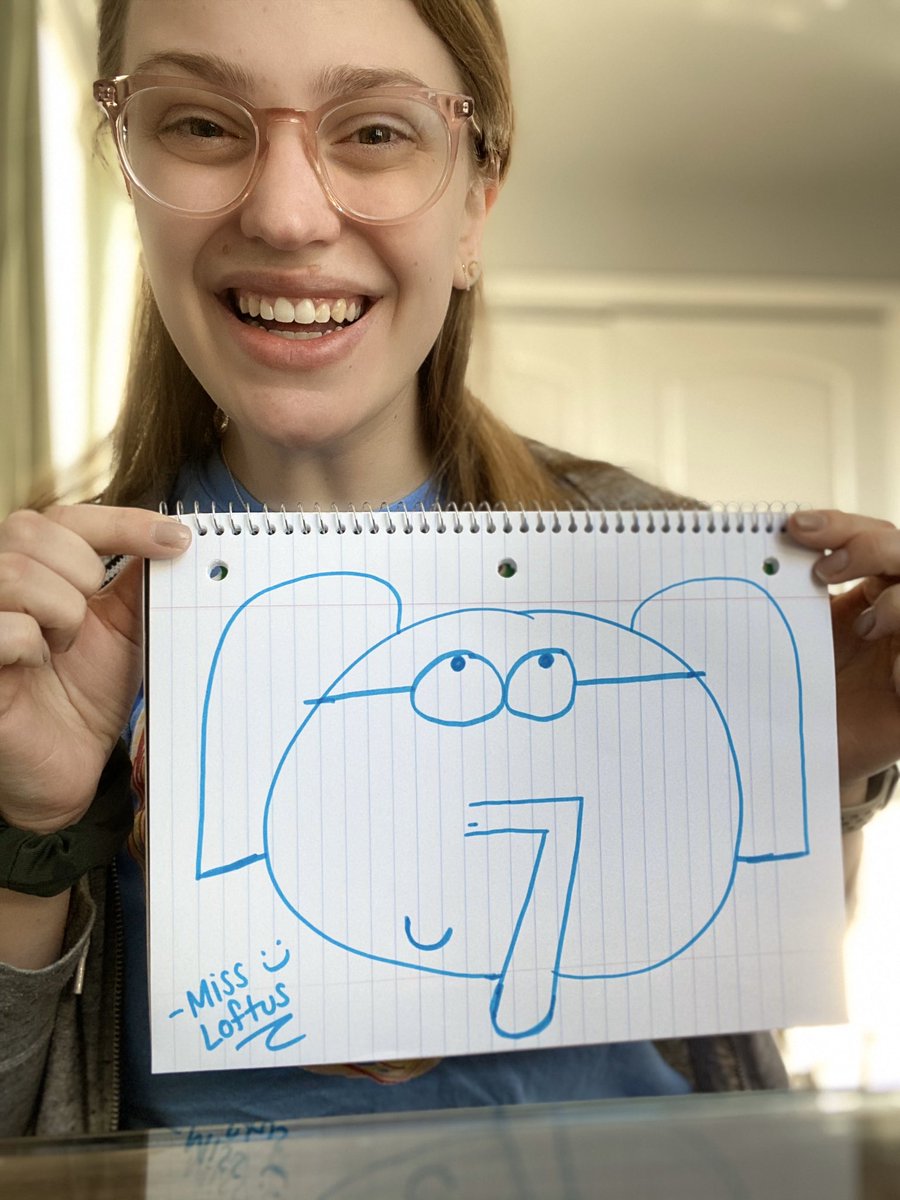 Miss__Loftus's tweet photo. Day 2 of Spirit Week - Artist of the Day! I drew Gerald with @MoWillems because elephants are my favorite animal! What character would you like to draw? #TheresNoPlaceLikeOakTree https://t.co/dkboAWxlTn