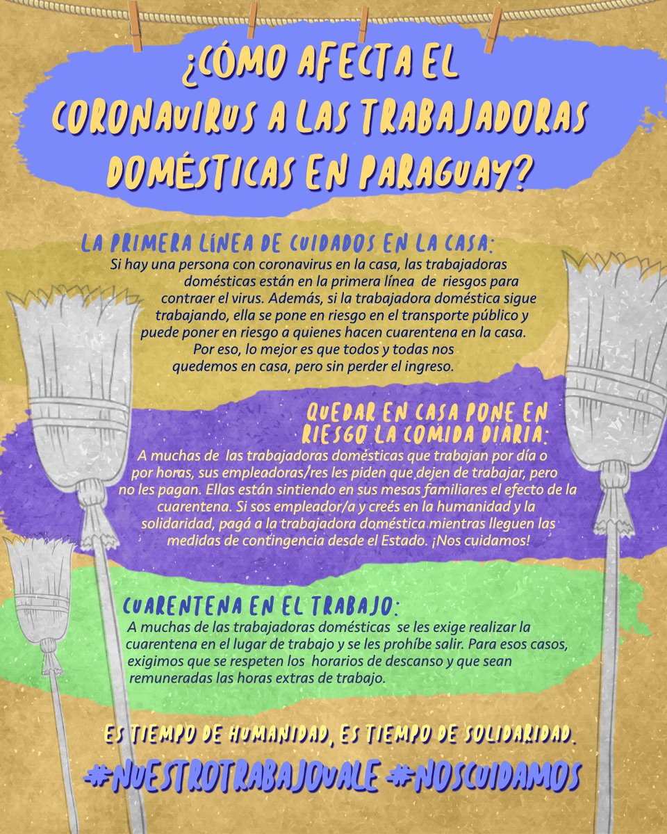 TrabDomesticoPy's tweet photo. ¿Cómo nos cuidamos? Las trabajadoras domésticas cuidan lo que más valorás y el #Covid19Py las pone entre la espada y la pared. #NuestroTrabajoVale #NosCuidamos https://t.co/9GeA0kpFBe