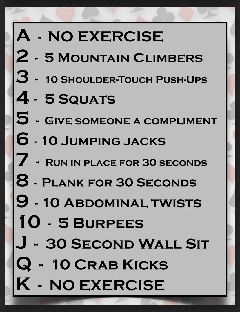 coachrhodes83's tweet photo. @TigersPe fans👋🏼Have a deck of cards around the house? Looking for a fun way to get moving during the quarantine? Here you go! 🐅🃏💪🏼 #OzarkWellness #52CardPickUp Thanks to @PerkettPE for sharing this great activity!!! https://t.co/ASGAQmat32
