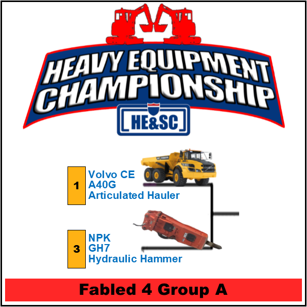 HwyEquip's tweet photo. The Fabled 4 sees @VolvoCE_NA's #1 iron giants face NPK's dynamic duo of #3 hammers. In this match, the A40G Hauler takes the GH7. Will the monster truck rumble to the championship, or will the GH7 smash its landslide win streak? Click your fave by 3/29.

https://t.co/G7fptubgGy https://t.co/rJ0sL6ngqY