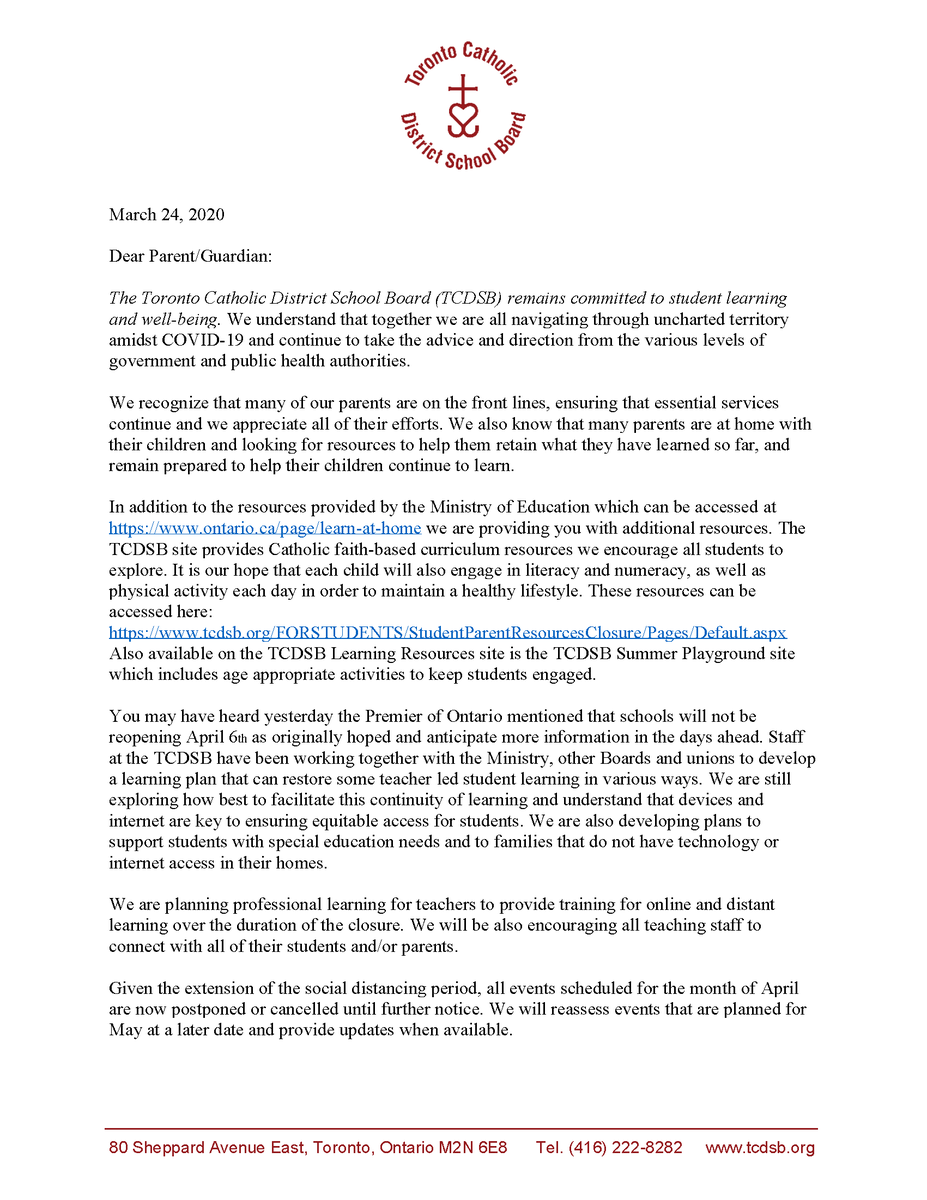 TCDSBceo's tweet photo. TCDSB updates for families during the closure: https://t.co/zp6vyaapW0 https://t.co/1Qgcj6537F