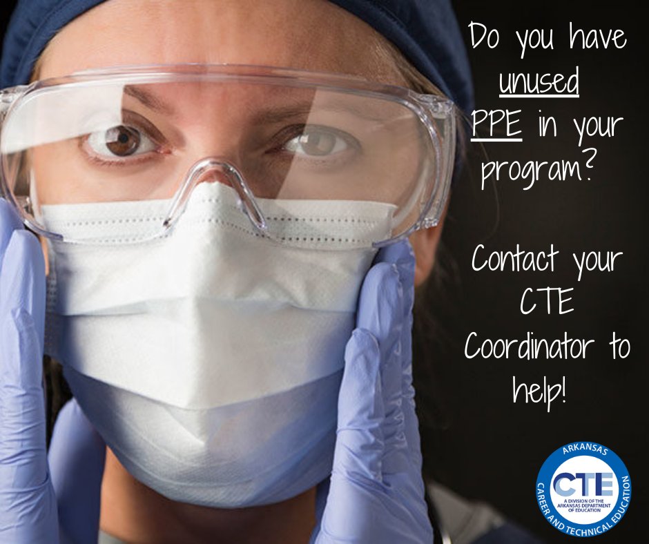 EdDcte's tweet photo. CTE can potentially assist in great way and we need your help. Many CTE Programs have Personal Protective Equipment (PPE) gear on hand. The PPE includes protective gowns, masks, face shields, gloves, protective eyewear, etc. Donations are needed! #WeAreCTE #Together4Students https://t.co/ozxQnANjkA