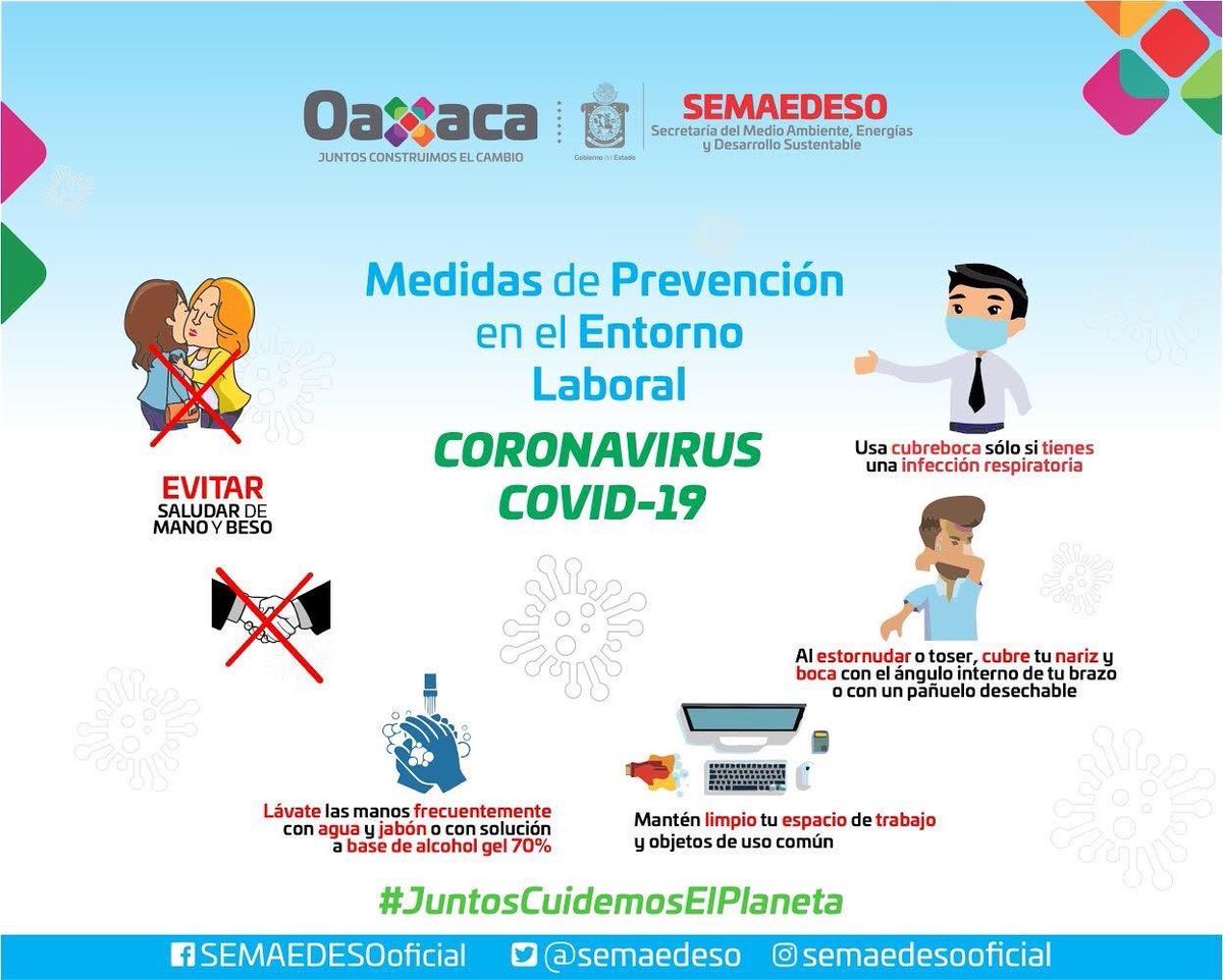 Sría. de Medio Ambiente de Oaxaca no Twitter: "Las medidas de prevención  las debemos aplicar de manera permanente. Aquí les compartimos las  siguientes recomendaciones para cuidar su #Salud, de contagios por el