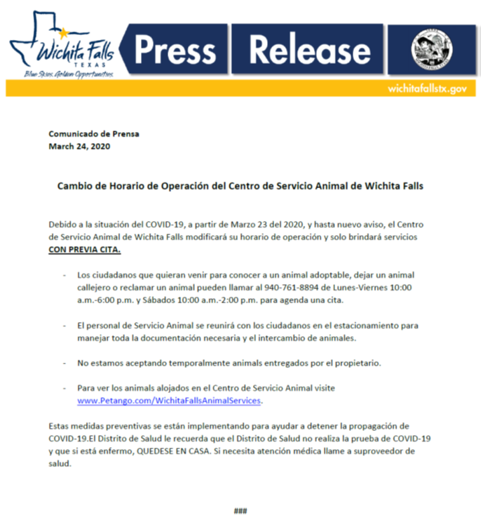 WFOEP's tweet photo. Debido a la situación del COVID-19, a partir de Marzo 23 del 2020, y hasta nuevo aviso, el Centro de Servicio Animal de Wichita Falls modificará su horario de operación y solo brindará servicios CON PREVIA CITA. https://t.co/ERQPna3f1C