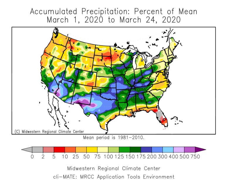 kannbwx's tweet photo. #Plant20 will begin soon in the USA. Here's a look at March 2020 precip (so far) vs March 2019, along with soil moisture comparisons for both years. Soils are wet across the entire #Corn Belt right now, but the severity is variable vs last year. Dakotas overall much wetter. #agwx https://t.co/L2nE8nZ8eO