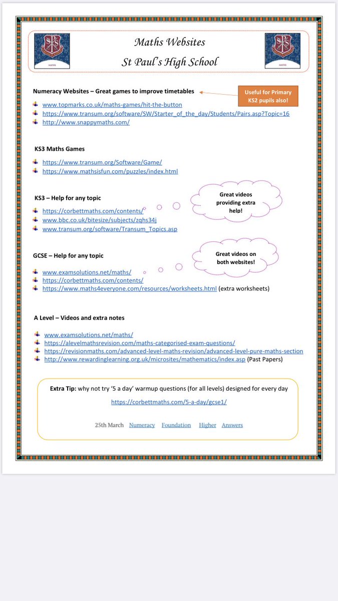 StPaulsMaths's tweet photo. Some useful Maths websites for all year groups @stpaulsbbrook https://t.co/HJGGby2tFM