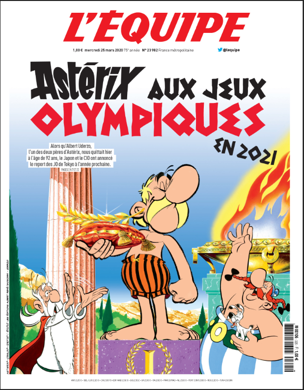 Cazadieu's tweet photo. Hommage à Albert Uderzo qui disparaît le jour du report des JO 2020 @lequipe https://t.co/J9lcm7dCo7