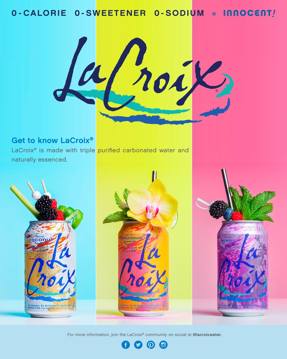 Brighten up your usual lunch routine with a vibrant La Croix. With zero calories, zero sweeteners, and zero sodium, La Croix is an innocent way to get some flavor in your life. 🍓🥥🍍
#lowcal  #healthy #weightloss #lowcalorie #cleaneating #pure #fruitwater #sparklingwater
