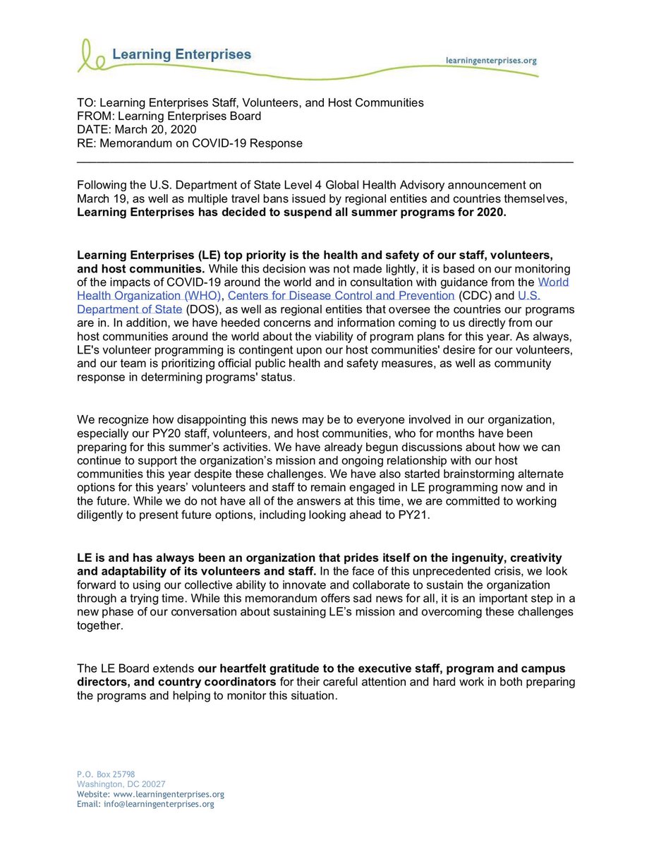LearningEnt's tweet image. Learning Enterprises will suspend all our PY20 summer programs. We make this decision with the health and safety of our staff, volunteers, and host communities in mind.
We recognise how disappointing this news may be and appreciate the interest and commitment demonstrated to LE.