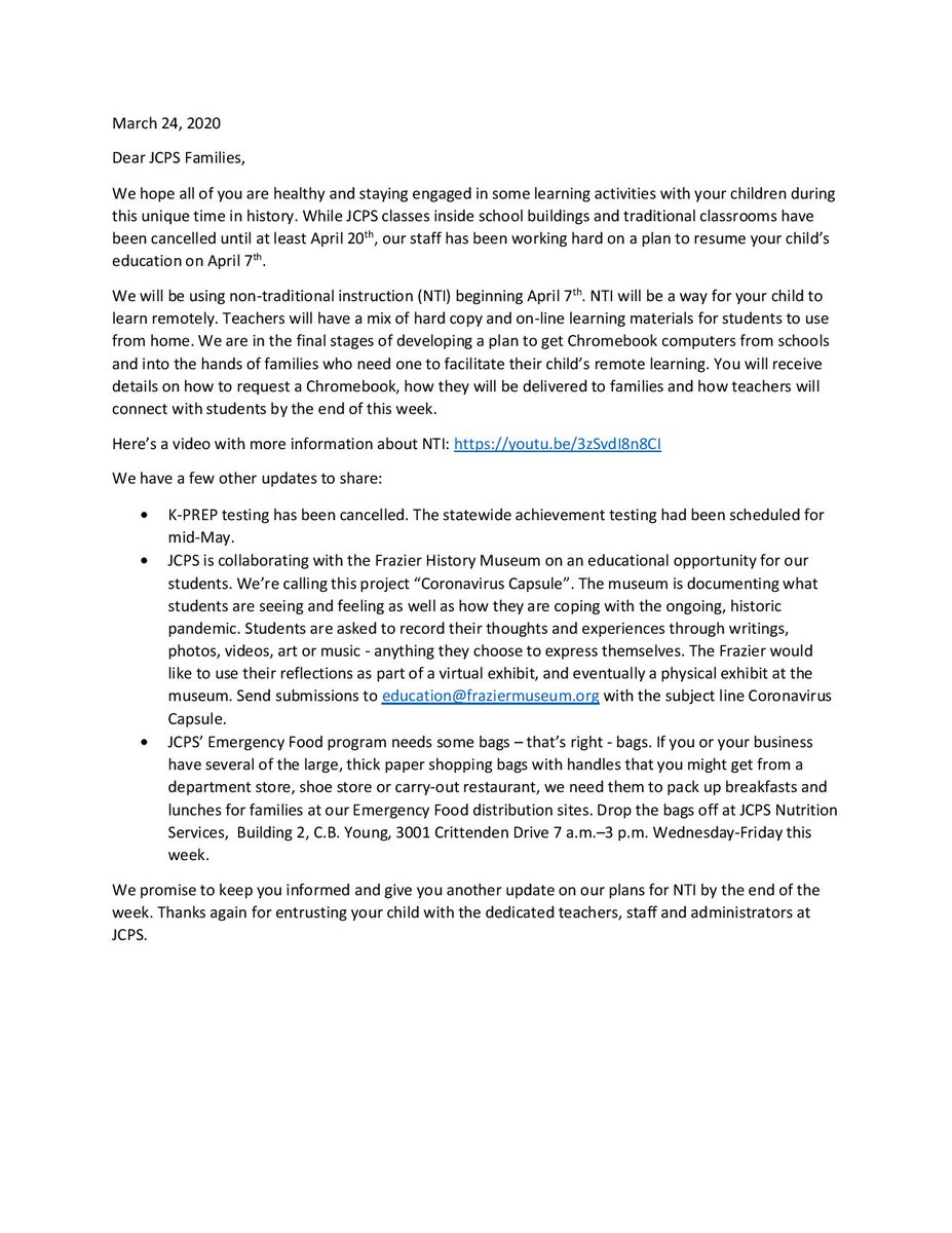 🆕 | Here's our latest letter to <a href="/JCPSKY/">JCPS</a> families. It includes lots of important updates and information. You can also read it on our website:

➡️bit.ly/JCPSNTI32020

#WeAreJCPSAtHome