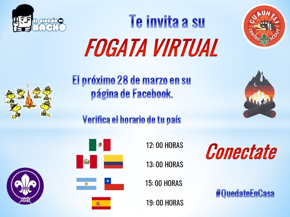 elrinconnacho's tweet photo. Hola hermanos y amigos siguiendo con las actividades scouts pero #QuedandoteEnCasa el #RinconDeNacho te invita a una #FogataVirtual el próximo 28 de marzo 12:00 horas (hora de la CDMX), estaremos disfrutando un rato con canciones scouts ¡No Faltes! #Scouts ⚜🔥 https://t.co/t65jvYVmb8