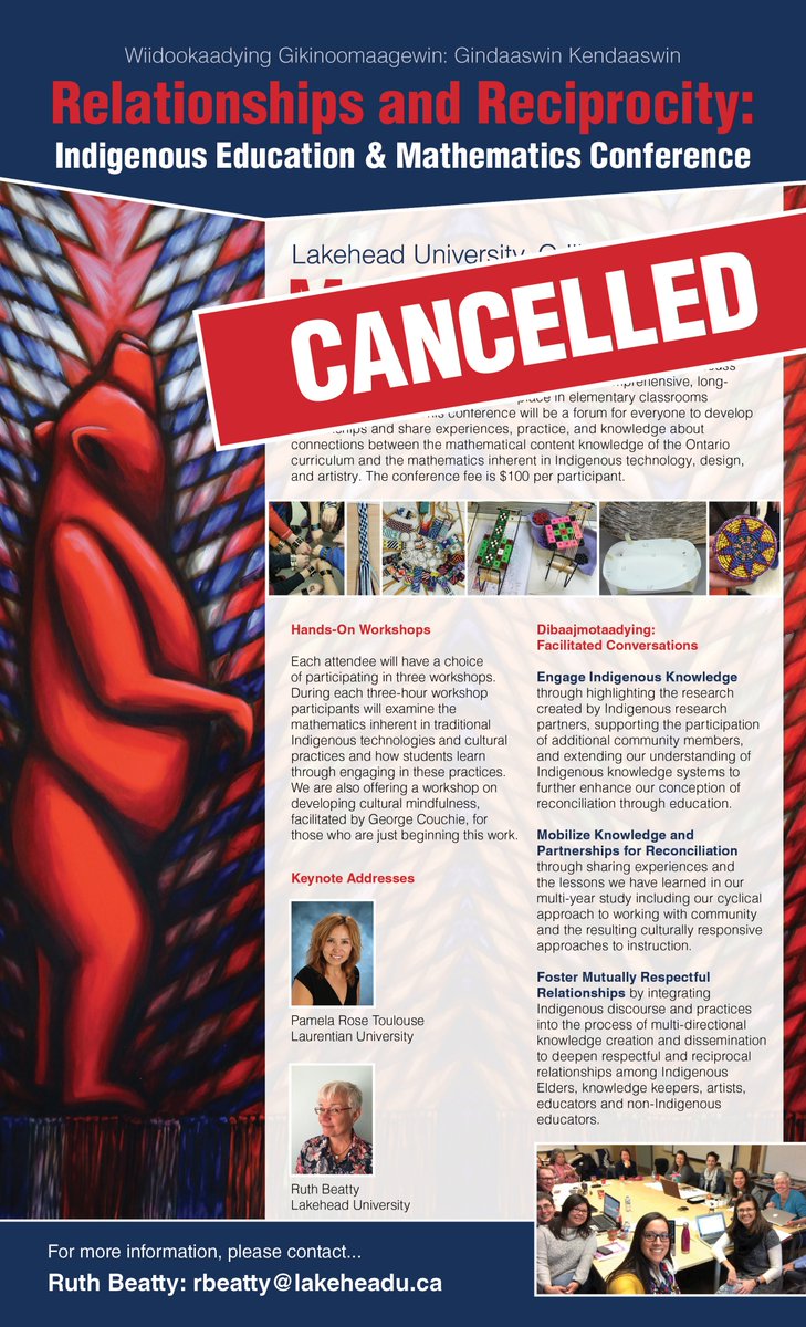 With heavy hearts we have made the decision to cancel our Indigenous Education and Math Conference. HOWEVER, we are delighted that we will be offering the conference next year from Friday April 30 to Sunday May 2, 2021 at Lakehead University Orillia. More details to come!