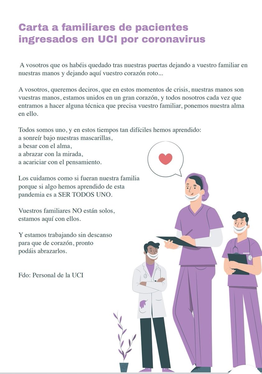 Compartimos una carta muy especial de parte de los y las profesionales de la #UCI del Hospital General Universitario de #Elche, destinada de corazón a los familares de pacientes con #coronavirus ingresados en la UCI ilicitana.

❤️¡No estáis solos! ❤️