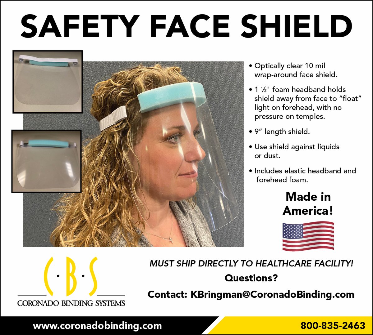 coronadobinding's tweet photo. Pls RT. Email or DM if you have an immediate need.

Safety Face Shields are on target to ship by end of this week!  

#MadeInAmerica #COVID19 https://t.co/7Jezy4zZkJ