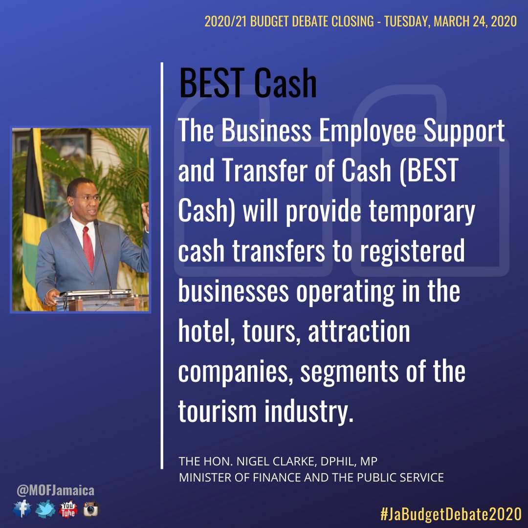 MOFJamaica's tweet photo. BEST Cash #CAREprogramme
#JaBudgetDebate2020 @DrNigelClarkeJa @JISNews @pbcjamaica @JamaicaGleaner @JamaicaObserver @rjrnews @Nationwideradio @IRIEFM_NEWS @televisionjam @CVMTV @JamaicaTax @JDICJam https://t.co/agoREYQxqq