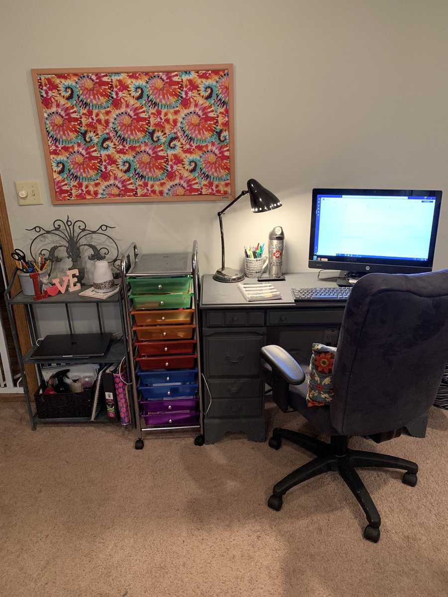 RHSHealthOcc's tweet photo. Not my classroom but I can be comfortable and productive! I’ve got google hangouts, Microsoft teams, and zoom set up! #virtualclassroom #workfromhomw #COVID19 #RHSPOSITIVITYCHALLENGE https://t.co/FWauDgKIjD