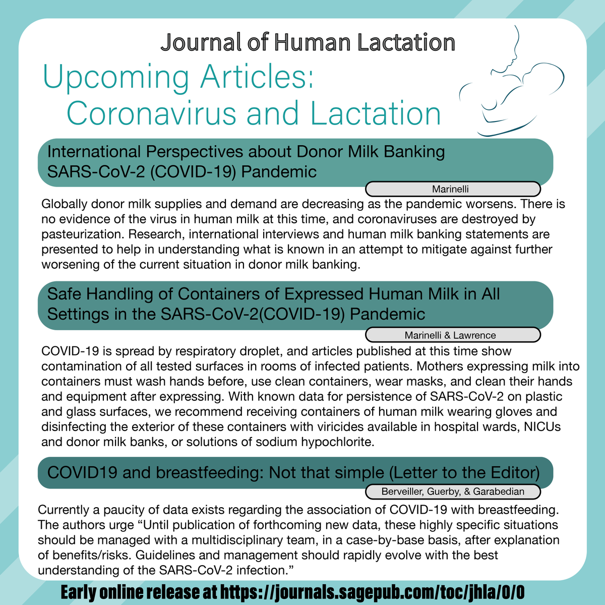 JHL_Lactation's tweet photo. 🚨⚠️Announcing: Coronavirus and Lactation❗️📣

🤱🤱🏼🤱🏻🤱🏿🤱🏽🤱🏾

Early release, open access articles on the SARS-CoV-2 (Covid-19) pandemic and lactation, donor milk banking, safety and more.

Coming soon!

To be released at: https://t.co/1MbncBBjQp

Please share widely! https://t.co/DOa4g6adjM