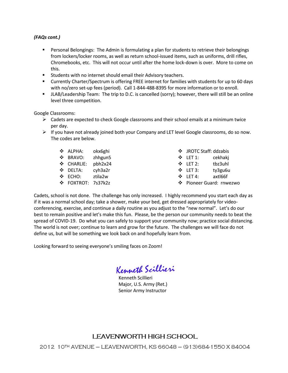 The silence has been broken! Please review the Letter below from Major Scillieri. Be prepared for new norms and a whole different kind of JROTC experience. Battalion staff and the Cadre stay motivated and ready to help our cadets succeed in the program. Stay safe out there. #safe