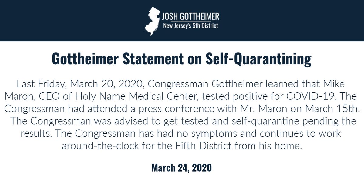 Gottheimer Statement on Self-Quarantining: