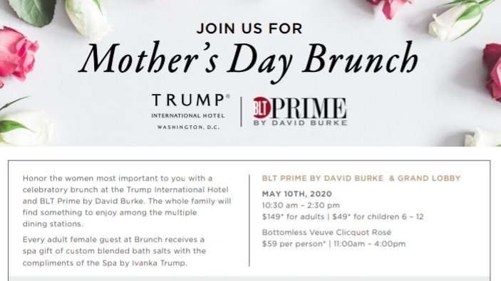 The real reason Trump wants to end #CoronavirusLockdown early.

Check out the Mother's Day Brunch Menu for his Trump D.C. Hotel:
$149/adult+$59 drinks!

Trump can't stand the thought of losing all that money lobbyists were planning to spend at his hotels on Easter & Mother's Day!