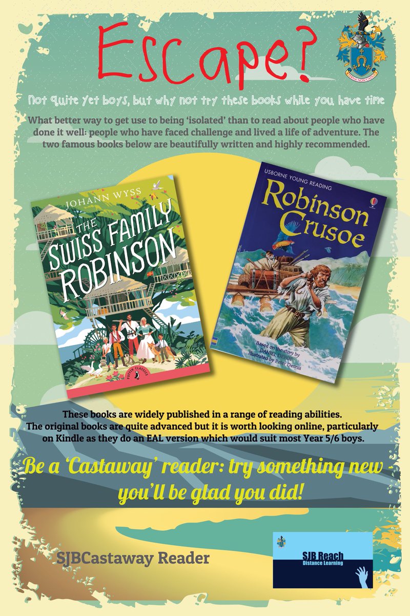 SJBheadteacher's tweet photo. With the Easter holidays upon us and the boys ‘marooned’ – here are two perfect books to help them ‘escape’. Beautifully written and widely published for a range of reading abilities. Kindle is a good place to start if you have one. #SJBReach ⁦⁦⁦@SJBWindsor⁩ https://t.co/7DbY9c9Egi