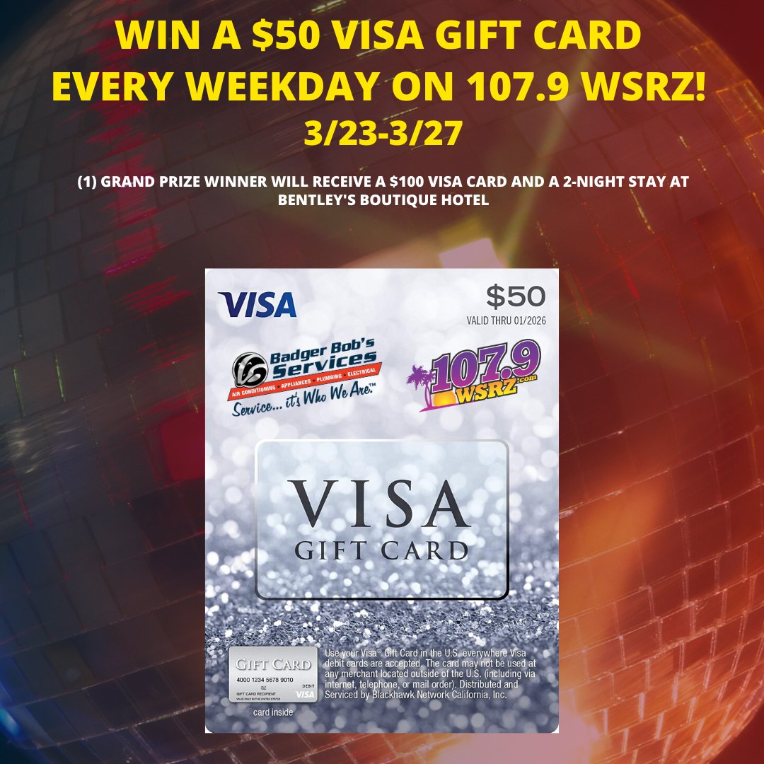 Badger1Service's tweet image. This month’s #FNDP may have been postponed, your chance to win some free $$ hasn’t been! All listeners of @JCShow11 have the chance to win our Visa gift cards. Listen to @WSRZ to win a $50 Visa Card. And 1 winner is winning a $100 Visa Card and a 2-night stay at Bentley’s!