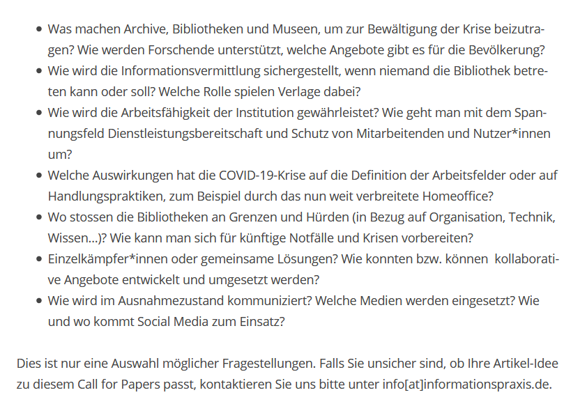 infoprax's tweet photo. Call for Papers: #COVID19 – Herausforderungen und Lösungsansätze für Informationseinrichtungen

https://t.co/yje9EYT83d https://t.co/HpIes41QAR