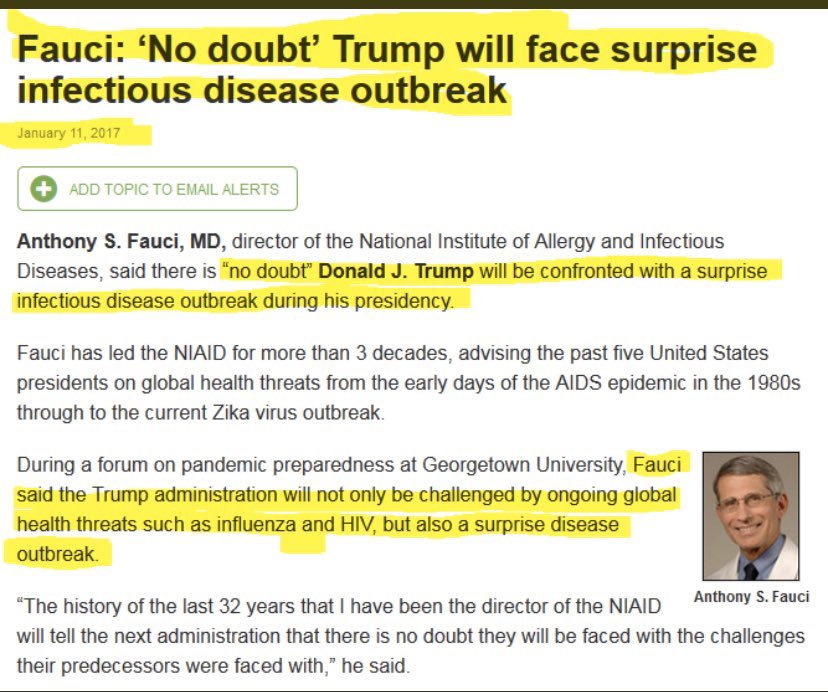 Fauci is DEEP STATE.and he is also a Piece of Schiff.FAUCI said: "the Trump Admin will be challenged by a SURPRISE disease outbreak"yes, a CoronaVirus that FAUCI himself made in 2015.he funded it.please RETWEET !!h/t  @kathy_kitsona .