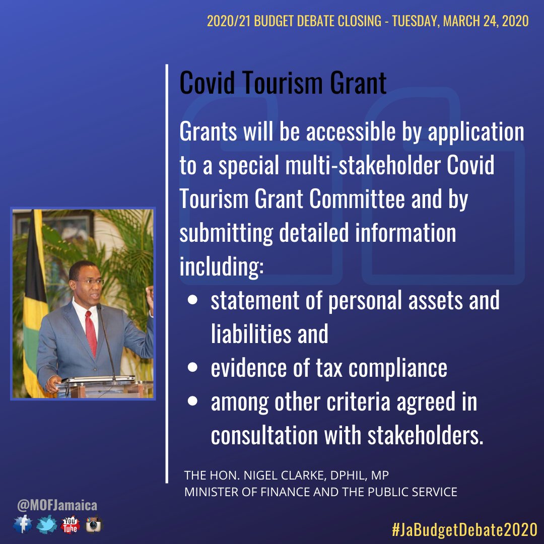 MOFJamaica's tweet photo. How can the Covid Tourism Grant be accessed?
#CAREprogramme #JaBudgetDebate2020 @DrNigelClarkeJa @tourismja @JISNews @JamaicaGleaner @JamaicaObserver @rjrnews @Nationwideradio @IRIEFM_NEWS @televisionjam @CVMTV @JamaicaTax @JDICJam https://t.co/oQyewuSmRB