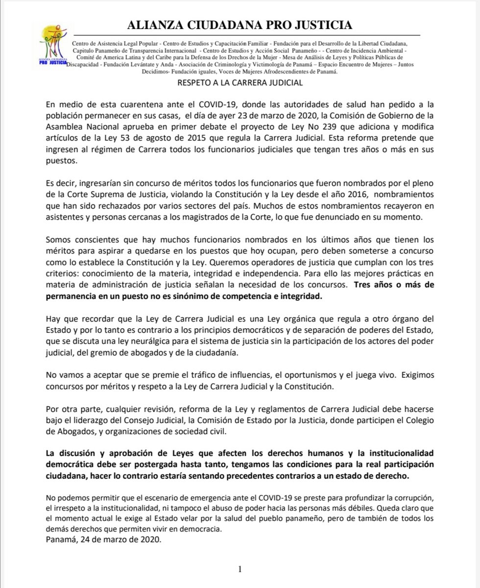 Señores de la <a href="/asambleapa/">Asamblea Nacional</a> suspendan el debate de la reforma a la Ley de Carrera Judicial. Es una ley orgánica que regula al Judicial y por lo tanto deben participar representantes de ese otro órgano del Estado. No a la reforma a la Ley de Carrera Judicial.
