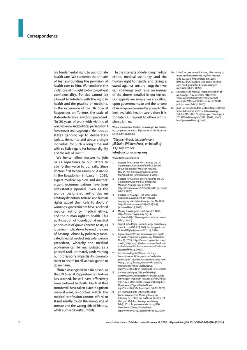 - apparently politically motivated & deliberate medical neglect;- on the basis of which  @Doctors4Assange raised concerns with UK ( @patel4witham) & Aus ( @MarisePayne) Govs, directly & in  @TheLancet , that “Assange may die in prison”.& [2/7]
