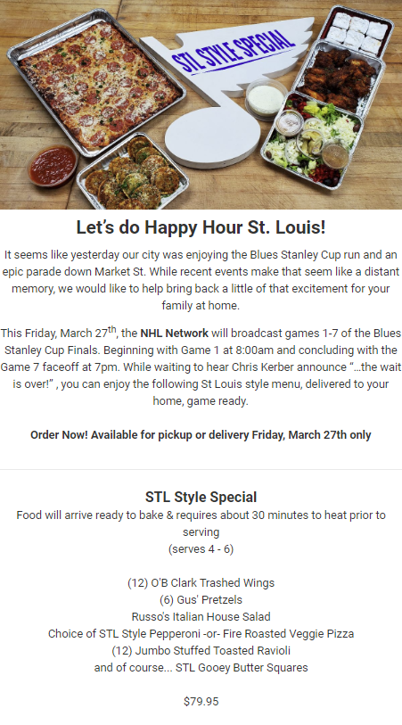russoscatering's tweet photo. Friday @NHLNetwork will replay the @StLouisBlues Stanley Cup Finals. Game 1, 8am &amp; Game 7, 7pm. As @chriskerber announced “the wait is over!” order STL style menu from @Russoscatering with food from @OBClarkStL, Gus’ Pretzel, pizza, salad and gooey butter. https://t.co/omKVCrWjF7 https://t.co/kNCRR2Mywc