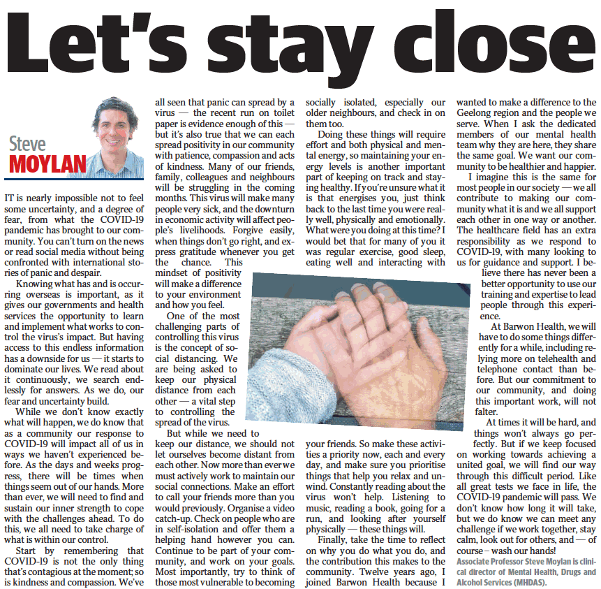 BarwonHealth's tweet photo. Access to endless information about COVID-19 has a downside for us - it starts to dominate our lives.

Our clinical director of Mental Health, Drugs and Alcohol Services A/Prof Steve Moylan has shared some words about avoiding anxiety and panic, published in today's @GeelongAddy. https://t.co/FFlxySowgo