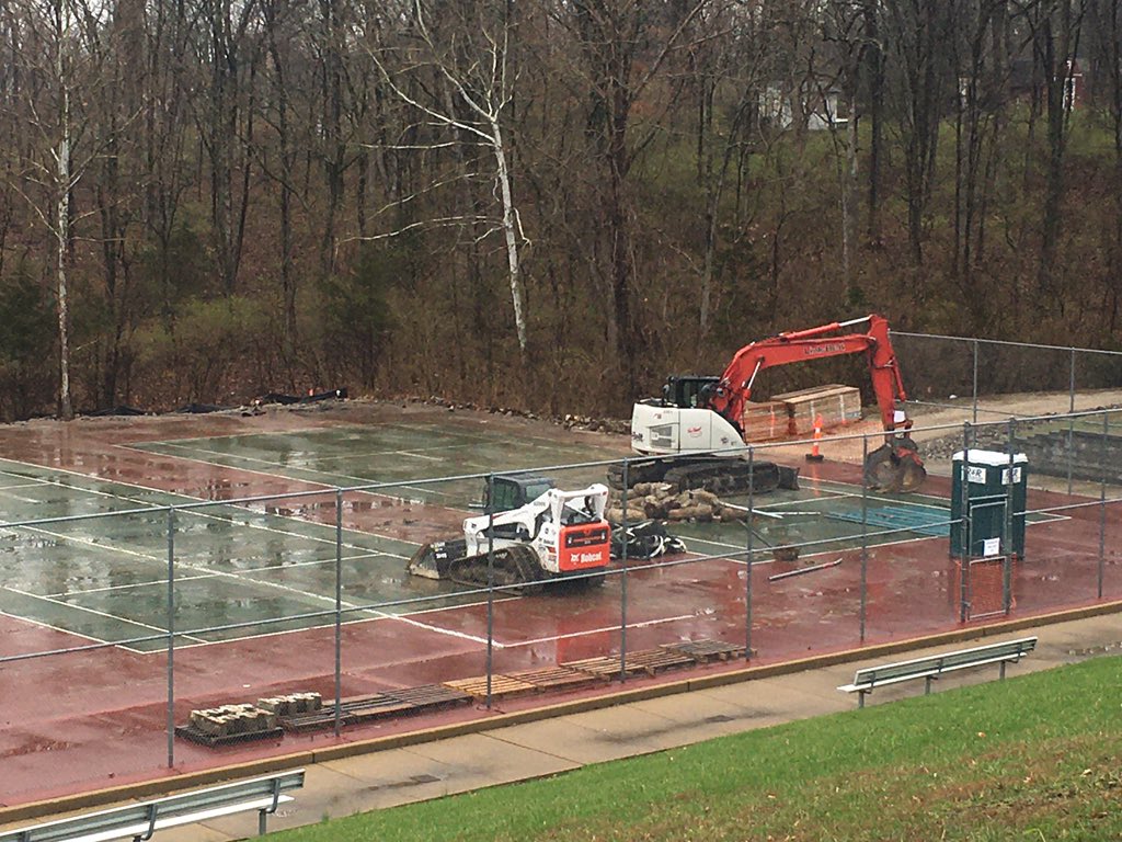 RSHSsports's tweet photo. We are dealing with a Pandemic, off school for awhile, and trying to find things to do like board games, karaoke, virtual exercise classes, etc. 

But excited to see that they have started on the Tennis court renovation which will be ready to go for Fall Season. https://t.co/HnHhJu3cDB