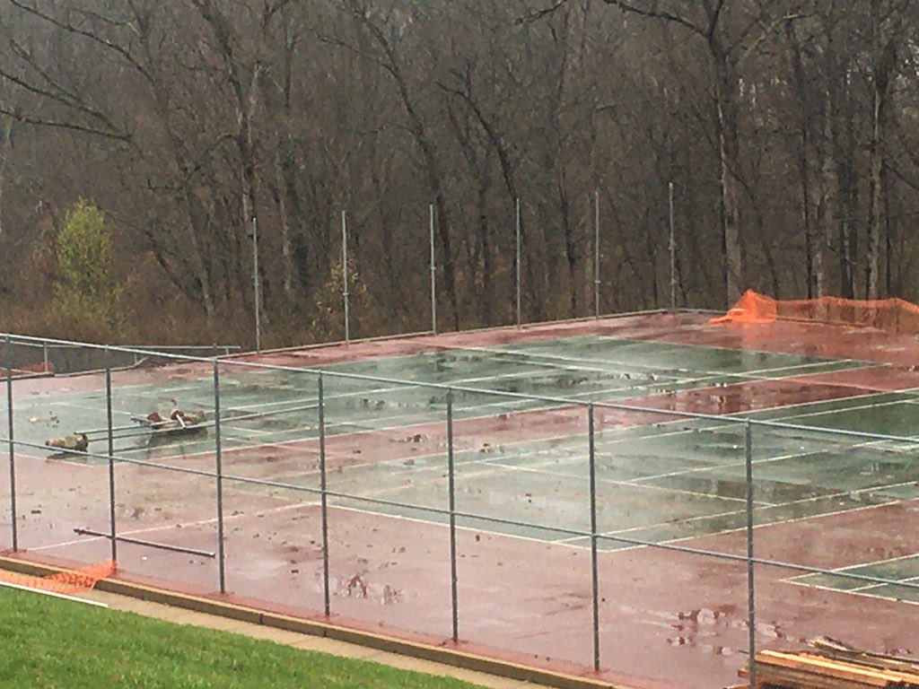 RSHSsports's tweet photo. We are dealing with a Pandemic, off school for awhile, and trying to find things to do like board games, karaoke, virtual exercise classes, etc. 

But excited to see that they have started on the Tennis court renovation which will be ready to go for Fall Season. https://t.co/HnHhJu3cDB