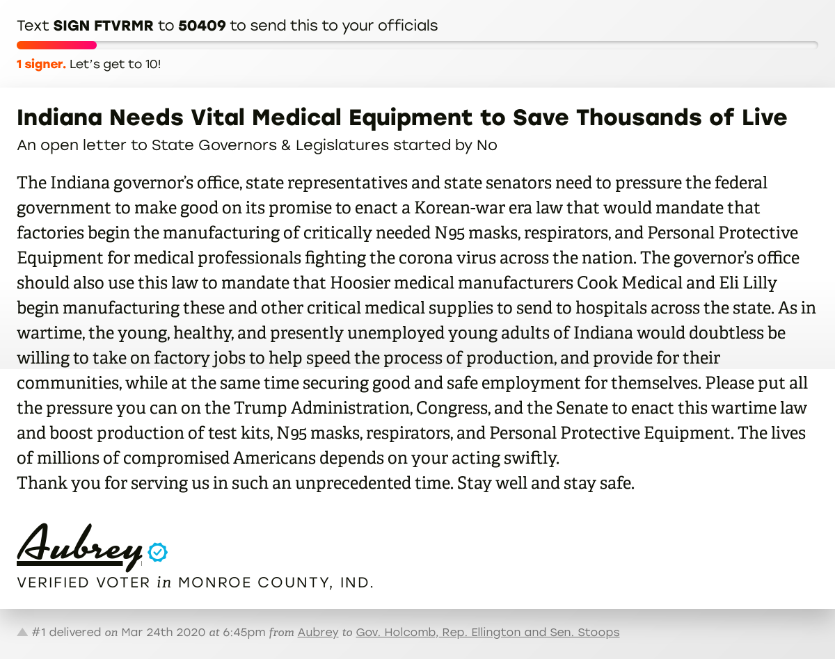 🖋 Support Aubrey by signing “Indiana Needs Vital Medical Equipment to Save Thousands of Live” and I’ll deliver a copy to your officials too: x.com/messages/compo…

📨 Last delivered to @govholcomb, Representative Ellington and Senator Stoops  #INpolitics #ERAnow
