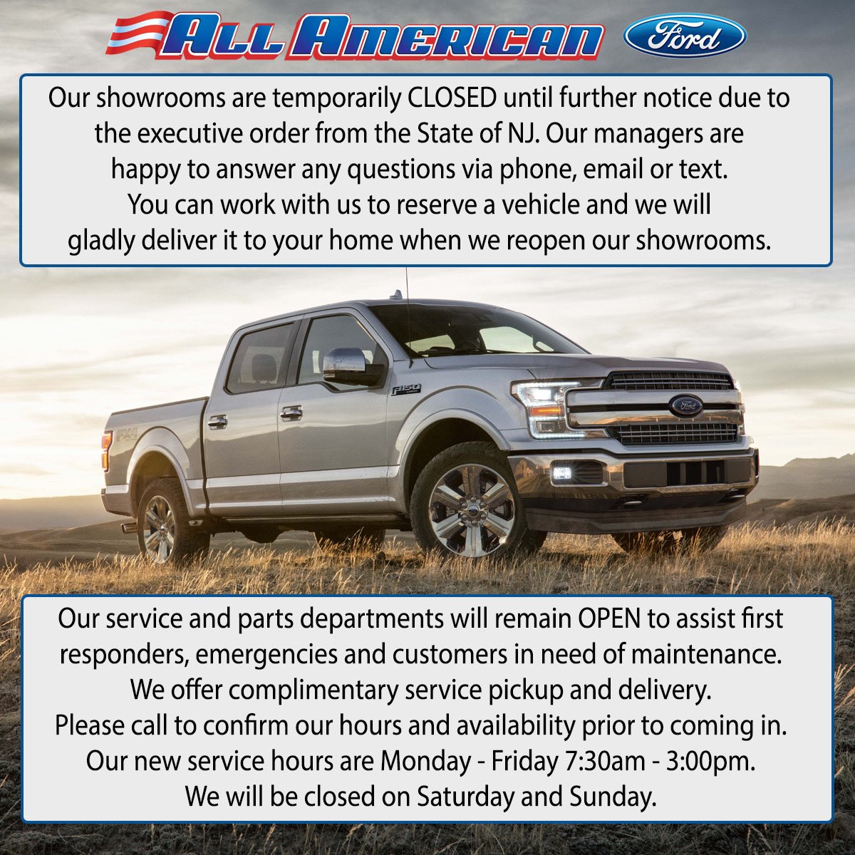 We’re all in this together! All American will help as much as we’re allowed given the state mandates and of course the safety and well-being of our customers and staff.
#allamerican #allamericanford #ford #builtfordproud #builtfordtough #jerseystrong #corona #coronavirus