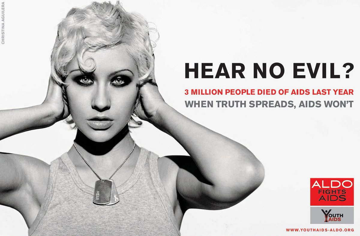 In 2005 Aldo and Aids awareness group YouthAids enlisted Christina Aguilera for the the 'Hear No Evil? See No Evil? Speak No Evil?' international campaign. Funds raised from the sales helped educate and protect young people in more than 60 countries.