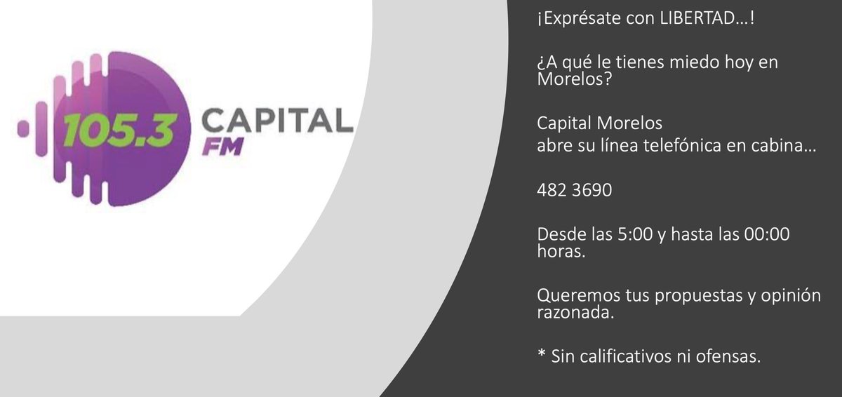 CapitalMorelos's tweet photo. En @CapitalMorelos nos interesa la opinión de nuestros seguidores.
Participa y comparte tu opinión.
Teléfono en cabina: 4823690
#CualEsTuMiedo https://t.co/YnPt9pFjwR