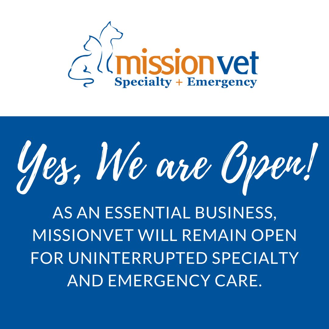 As an essential business, MissionVet will remain open 7 days a week for emergencies with uninterrupted specialty care during the "Stay Home, Work Safe" order issued for the city of San Antonio &amp; Bexar County. Read more about the order here: bit.ly/2QJr0Fd