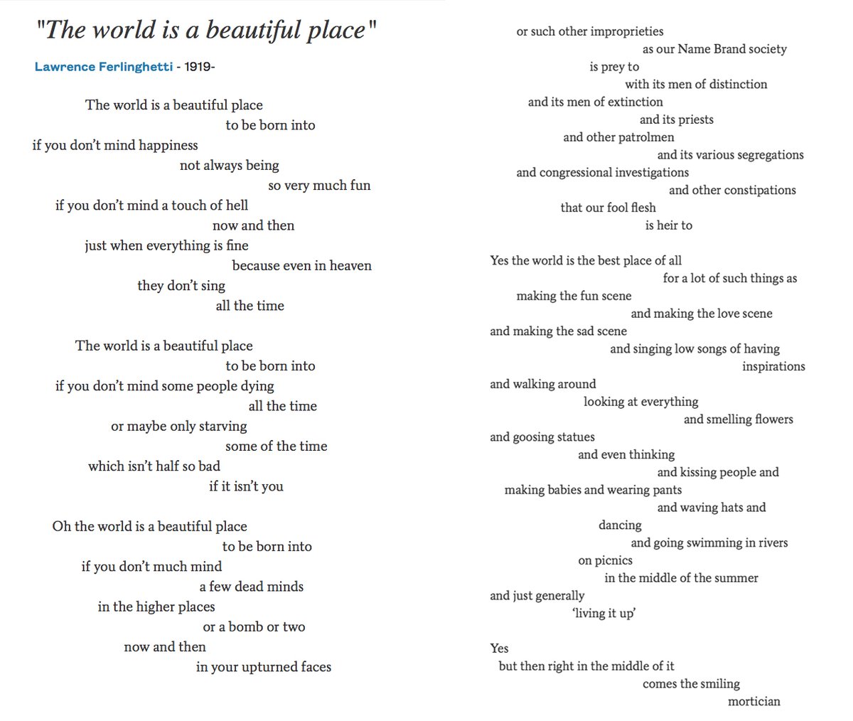20 The World Is A Beautiful Place by Lawrence Ferlinghetti For Ferlinghetti's 101st birthday  #ferlinghetti101  #PandemicPoems  https://soundcloud.com/user-115260978/20-the-world-is-a-beautiful-place-by-lawrence-ferlinghetti