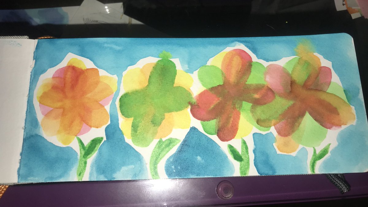 nothing for day 7, not for any particular reason just never got around to it,day 8, march 24th, brings some poor watercolor flowers (i like the first one, the rest are chaotic) in my cool new panorama watercolor sketchbook